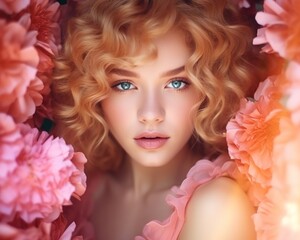 Naklejka premium portrait of a curly haired woman with pink flowers around her