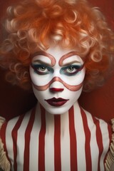 creepy female clown with curly orange hair and striped makeup