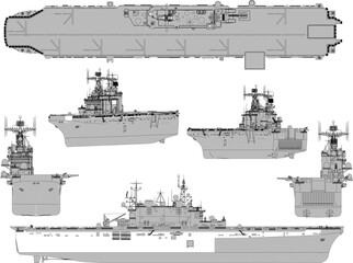 Detailed vector sketch of an aircraft carrier battle vehicle full of war weapons