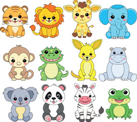 Big set of tropical animals. Cute wild animals. Animals include tiger, lion, giraffe, baby elephant, monkey, kangaroo, koala, panda, koala and zebra. Vector illustration.