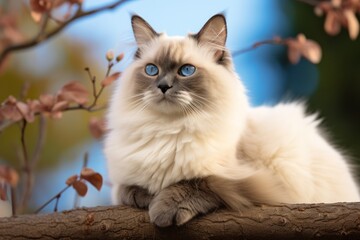 Naklejka na ściany i meble seal point ragdoll cat with blue eyes on a tree branch