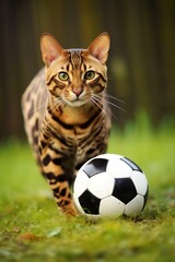 large spotted and striped cat with soccer football outside