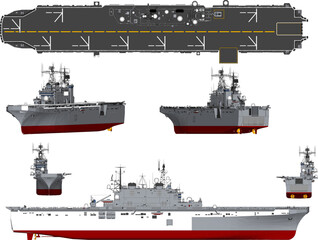 Detailed vector sketch of an aircraft carrier battle vehicle full of war weapons