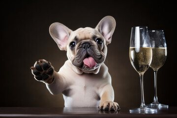  bulldog sitting with glass of champagne or wine. Celebrating, festive concept