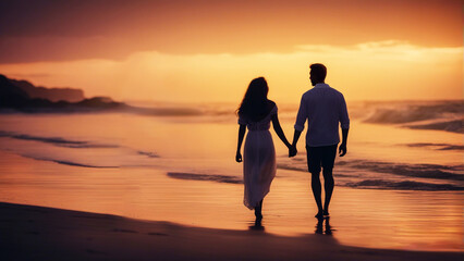 A man and a woman on vacation walking on the beach at sunset holding hands.