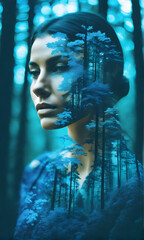 Double exposure portrait of woman blending into forest forest goddess woman in nature
