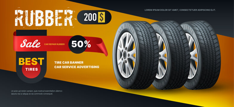 Tire car banner. Tyre change. Automotive repair. Rubber wheel ad poster design. Sale in auto service. Vehicle garage promotion. Transport workshop. Vector exact advertising background