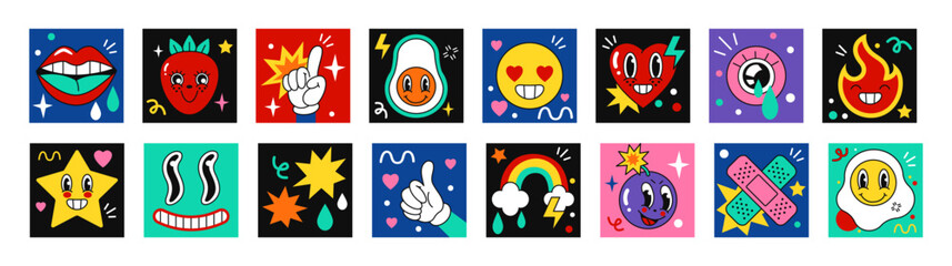 Fototapeta na wymiar Comic characters. Fun elements, cute and happy cartoon faces, funny smiles and people. Rainbow and star sticker, crazy avocado and heart. Different emotions. Vector abstract tidy banner