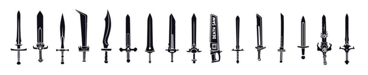 Sword icons. Medieval weapon silhouette design. Fantasy knife. Samurai katana. Pirate or knight dagger. Metal weapon. Steel broadsword or sharp saber. Viking arms. Vector black symbols set