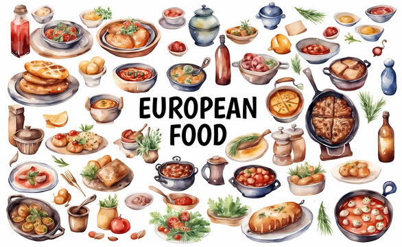Set of European main dish and ingridients