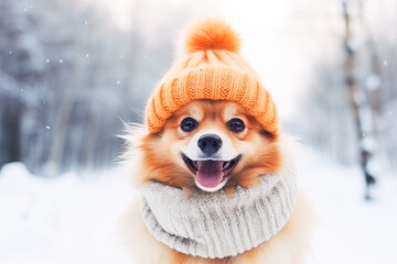 Cute dog in winter clothes on snow background. Funny pomeranian puppy. 