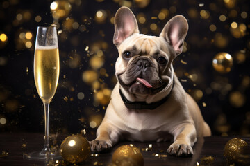  bulldog sitting with glass of champagne or wine. Celebrating, festive concept
