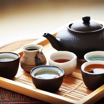 Asian tea set on bamboo tray