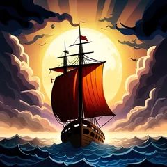 Poster Old sail ship braving the waves of a wild stormy sea at night. © Екатерина Переславце