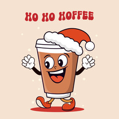 Cartoon coffee cup in santa hat with text HO HO HOFFEE, retro mascot character. Vector illustration.