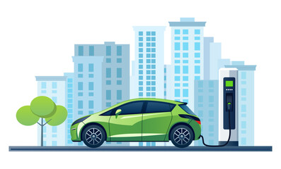 Electric EV car charging battery on the city. Concept of protecting the environment, loving the earth, Save for the world. Ready to apply to your design. Vector illustration.