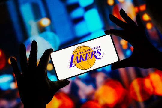 September 9, 2023, Brazil. In this photo illustration, the Los Angeles Lakers logo is displayed on a smartphone screen. It is an NBA basketball team based in Los Angeles, California.