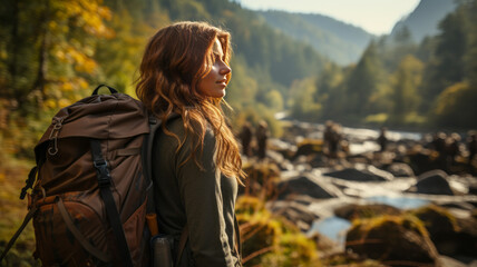 Naklejka premium Backpacker Camping Hiking Journey Travel Trek Concept .generative ai
