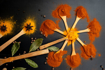 Paprika, turmeric, and bay leaves arranged like flowers on wood tea spoons on black