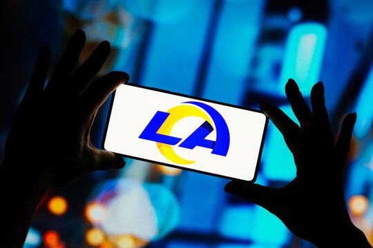 September 9, 2023, Brazil. In this photo illustration, the Los Angeles Rams logo is displayed on a smartphone screen. It is a professional American football team 
