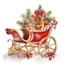 Christmas sleigh with presents, wreath and tree