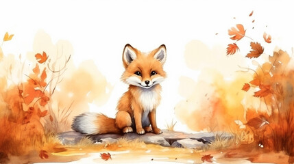 Obraz premium watercolor illustration children book style of a fox sitting on nature trail in autumn season. Beautiful illustration of a cute sweet fox. Perfect illustration for children, or school.