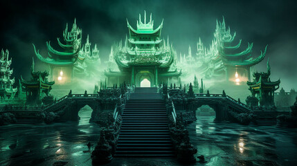 Fantasy Temple in Exquisite Jadeite. Chinese Jade Sanctuary. Generative AI