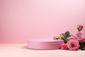 Obraz na płótnie Canvas 3d render of pink background with podium and roses for product display. Generative AI