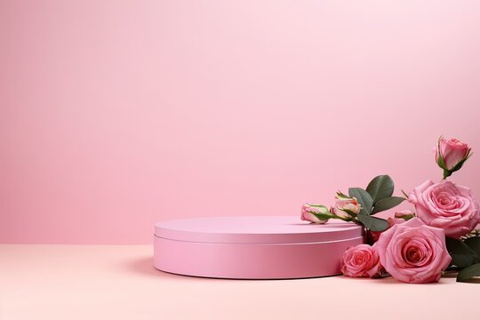 3d render of pink background with podium and roses for product display. Generative AI