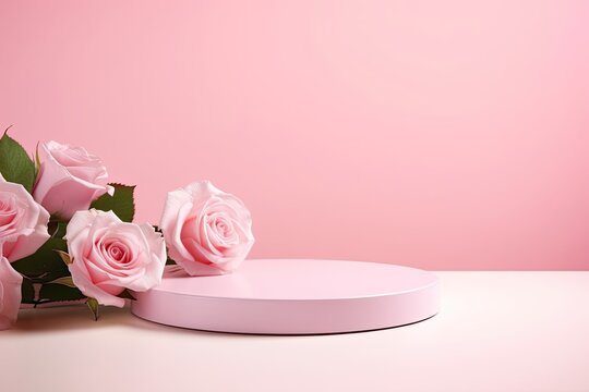 3d Render Of Pink Background With Podium And Roses For Product Display. Generative AI