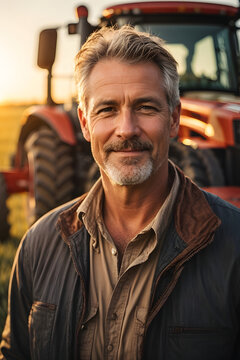 Portrait of an experienced middle-aged farmer posing in a field in front of a tractor or combine harvester during sunset. Image created using artificial intelligence.