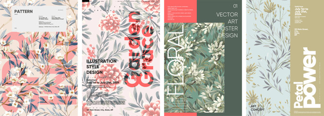 Flowers. Set of vector posters. Vectorized watercolor flowers and typographic design. Seamless floral patterns.  