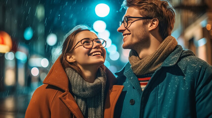young Couple in warm clothes and eyeglasses smiling while looking up at lanterns and admiring...