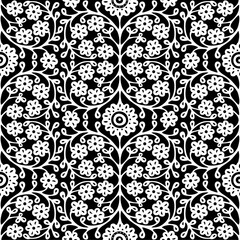 Seamless pattern with Indian ethnic flowers in black and white. Vector illustration.