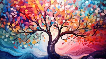 Obraz na płótnie Canvas Elegant colorful tree with vibrant leaves hanging branches illustration background. Bright color 3d abstraction wallpaper for interior mural painting wall art decor. Ai