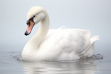 Naklejka premium Beautiful white swan swimming on water in thick fog