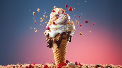 Delicious Banana split ice cream cone floating in the air