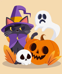 Vector flat illustration Halloween witch cat with pumpkin ghost