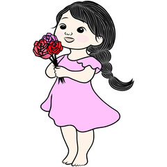 Hand drawn,beautiful woman holding rose flower.Creative with illustration in flat design,watercolor.