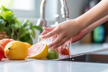 Obraz na płótnie Canvas Hand washing fruits with tap water in bright kitchen