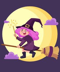 Fototapeta premium Flat vector illustration pink haired witch lady Halloween