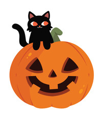 Flat vector illustration pumpkin with black cat