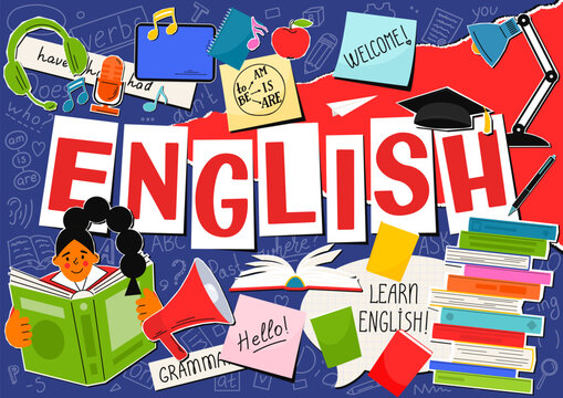 English. English language hand drawn doodles, lettering and stickers. Education vector illustration.
