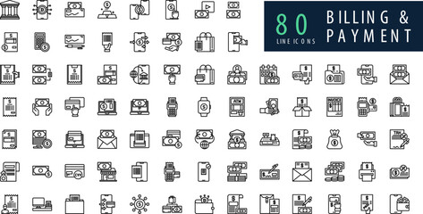 Billing and Payments line icons set. Money payments elements outline icons collection. Payments elements symbols. Money, Bank, Savings, Investment, Currency, Management, Wallet vector