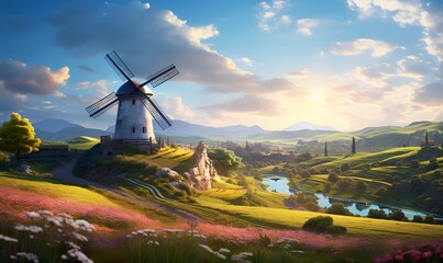 windmill scenery in a beautiful flower field, generative ai - obrazy, fototapety, plakaty