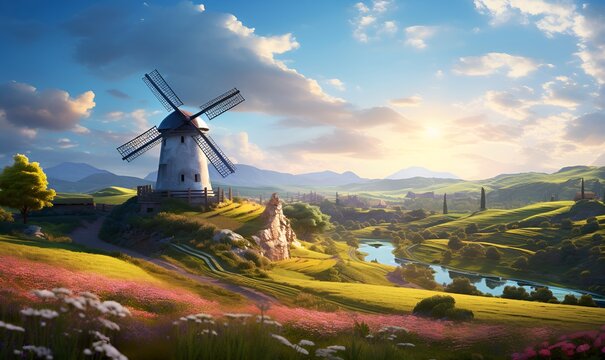 windmill scenery in a beautiful flower field, generative ai