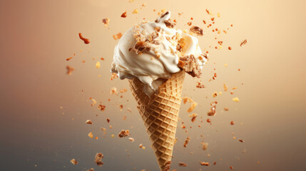 Delicious Butter pecan ice cream cone floating in the air - obrazy, fototapety, plakaty