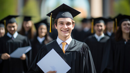 Happy smiling graduating student guy in an academic gown standing in front of other alumni