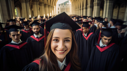 Obraz premium Happy smiling graduating student girl in an academic gown standing in front of other alumni