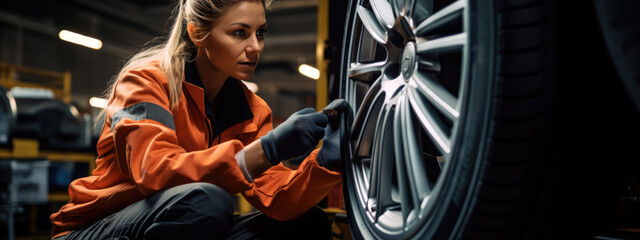 Fototapeta na wymiar Female car mechanic working in garage and changing wheel alloy tire. Repair or maintenance auto service.